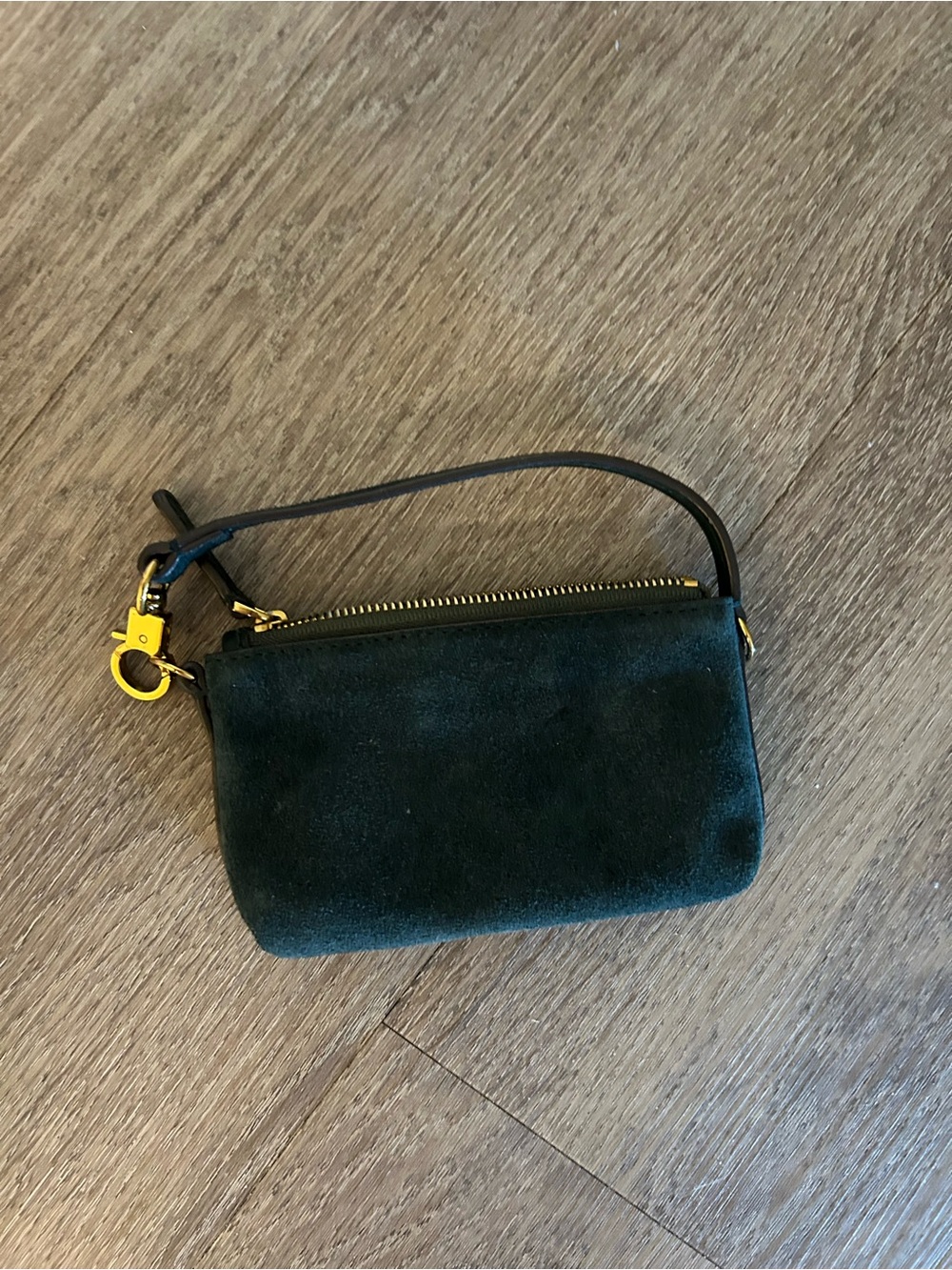 Suede Wristlet Pouch in Dark Green with Gold Hardware